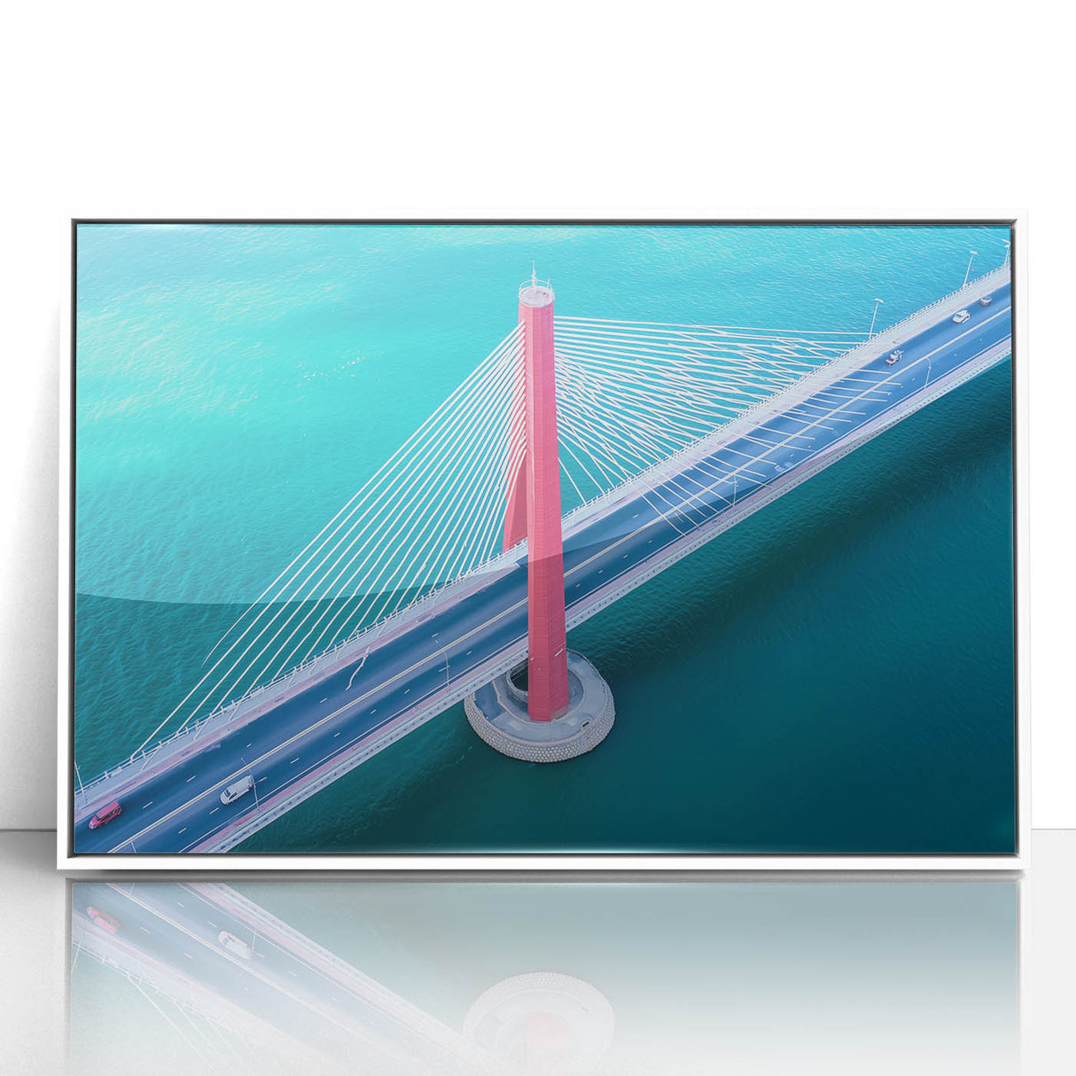 Framed acrylic artwork of a landscape bridge, showcasing vibrant colors and intricate details, set in a sleek white frame, ideal for home decor enthusiasts.