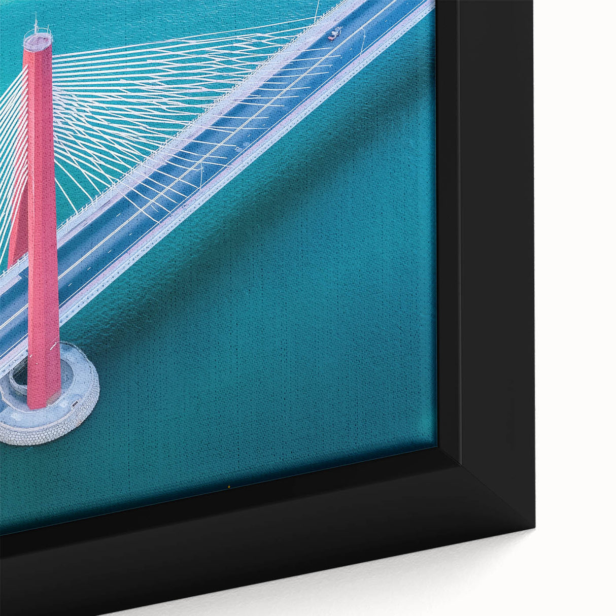 Close-up of a framed landscape canvas featuring a serene bridge scene with lush greenery and vibrant colors, ideal for home decor or art enthusiasts.