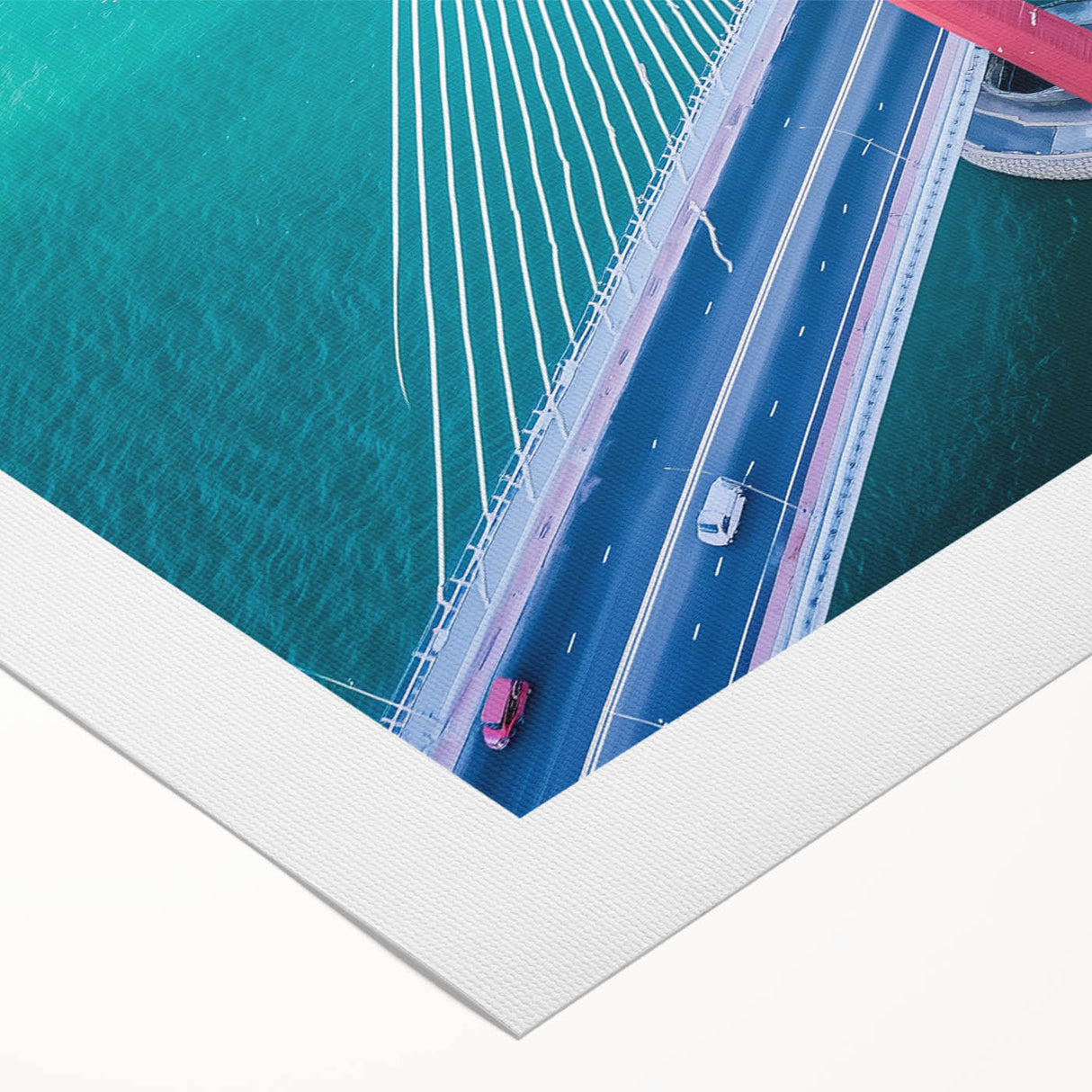 Landscape bridge artwork on rolled canvas, showcasing vibrant colors and intricate details, designed to enhance home decor, securely packaged in a protective tube.