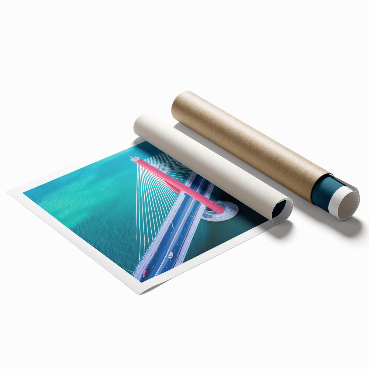 Landscape bridge artwork rolled print showcasing a serene natural scene with lush greenery and a tranquil waterway, elegantly packaged in a protective cardboard tube. Ideal for enhancing interior decor with its vibrant colors and intricate details.