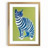 Playroom Wall Art – Bold Blue Striped Cat Illustration for Kids