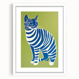 Playroom Wall Art – Bold Blue Striped Cat Illustration for Kids