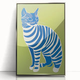Playroom Wall Art – Bold Blue Striped Cat Illustration for Kids