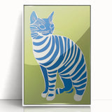 Playroom Wall Art – Bold Blue Striped Cat Illustration for Kids