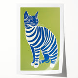 Playroom Wall Art – Bold Blue Striped Cat Illustration for Kids