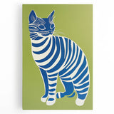 Playroom Wall Art – Bold Blue Striped Cat Illustration for Kids