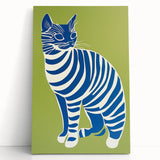 Playroom Wall Art – Bold Blue Striped Cat Illustration for Kids