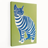 Playroom Wall Art – Bold Blue Striped Cat Illustration for Kids