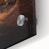 Large abstract wall art in warm autumn hues on acrylic glass, ideal for dining room ambiance.