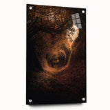 Large abstract wall art depicting autumnal trees on acrylic glass, in warm orange and yellow tones.