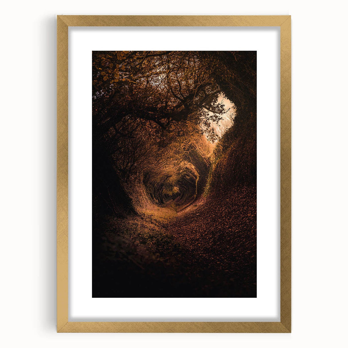 Extra large abstract art print with textured autumnal hues on a gold-framed canvas, ideal for living room decor.