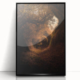 Large abstract wall art featuring mid-century modernist design in warm autumnal hues on a black-framed acrylic print.