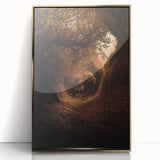 Mid-century modernist art depicting autumn trees in gold and orange tones on a framed acrylic.