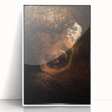 Art deco poster featuring a stylized fall scene in orange and brown tones on a white acrylic framed canvas.