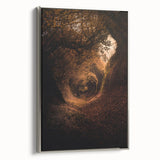 Framed canvas featuring a vintage landscape art painting with colorful autumn trees against a black background.