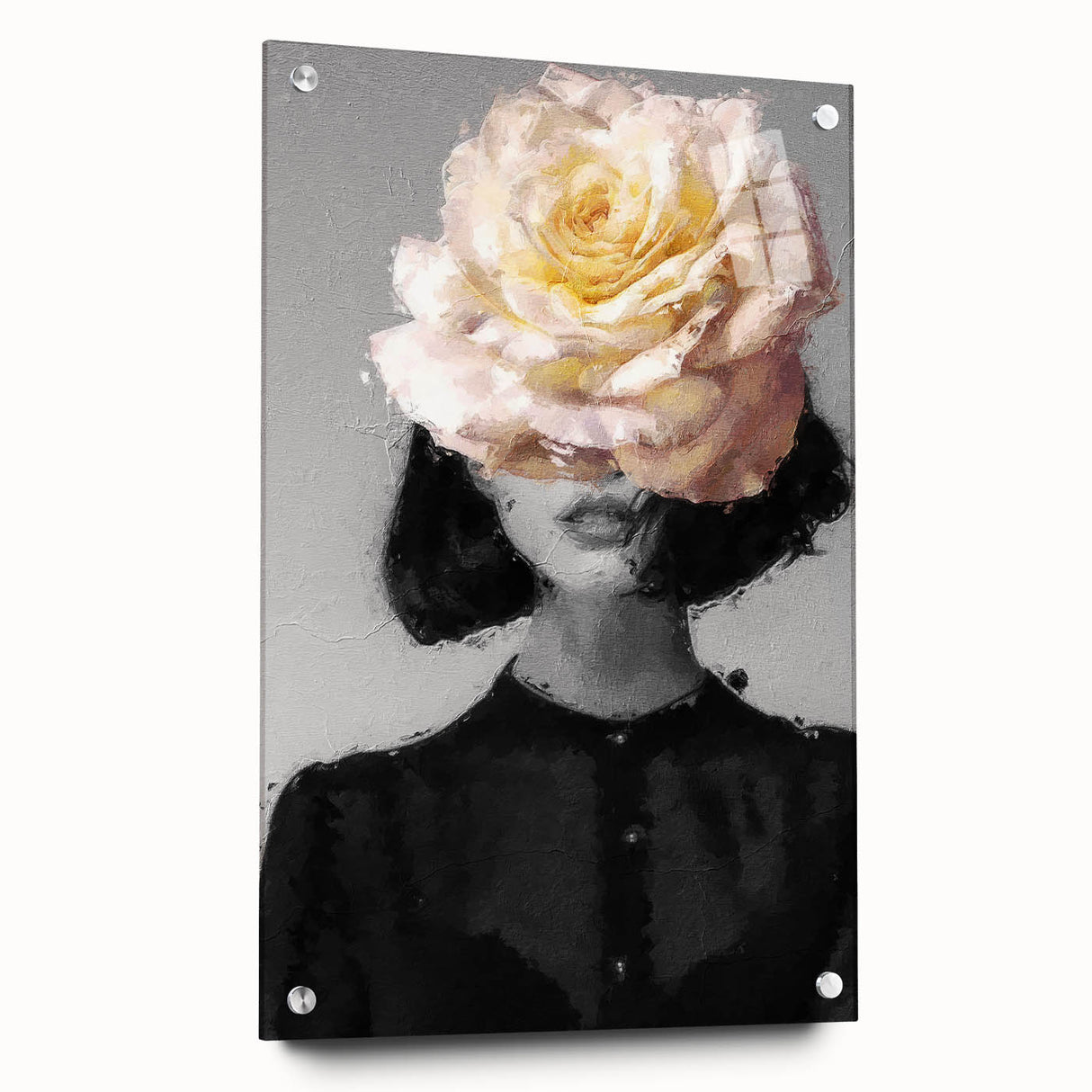 Abstract figurative acrylic artwork displayed in a glass frame, showcasing vibrant colors and intricate details, with decorative pins enhancing its modern aesthetic.