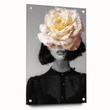 Abstract figurative acrylic artwork displayed in a glass frame, showcasing vibrant colors and intricate details, with decorative pins enhancing its modern aesthetic.