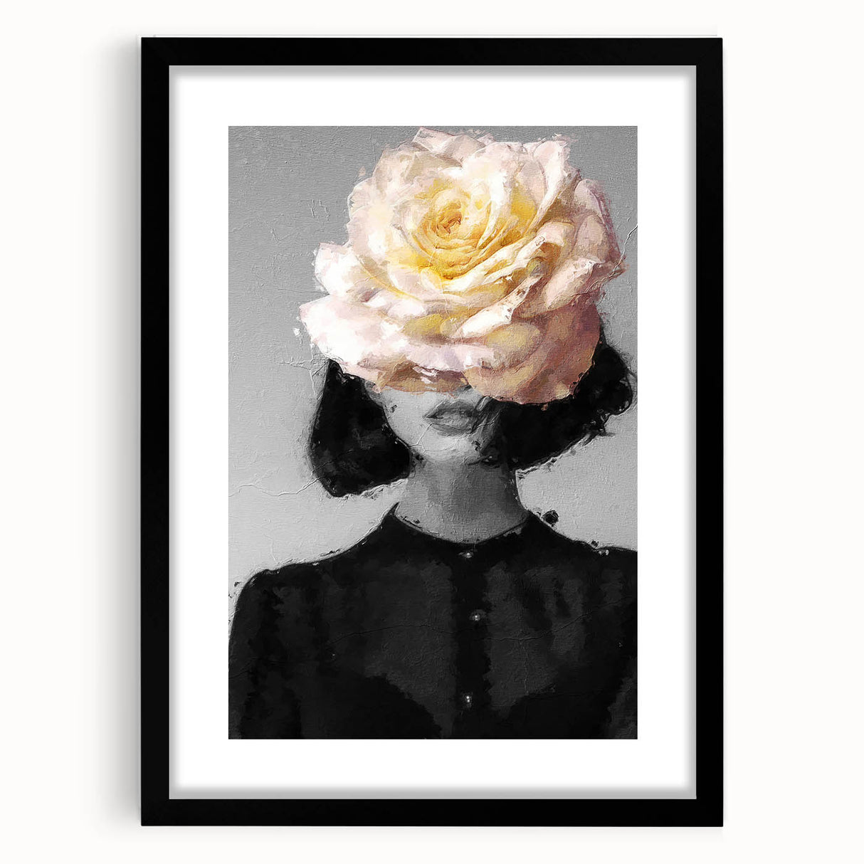 Abstract figurative artwork framed in black, showcasing bold colors and dynamic shapes, perfect for modern home decor. Features a sleek mat for an elegant finish.