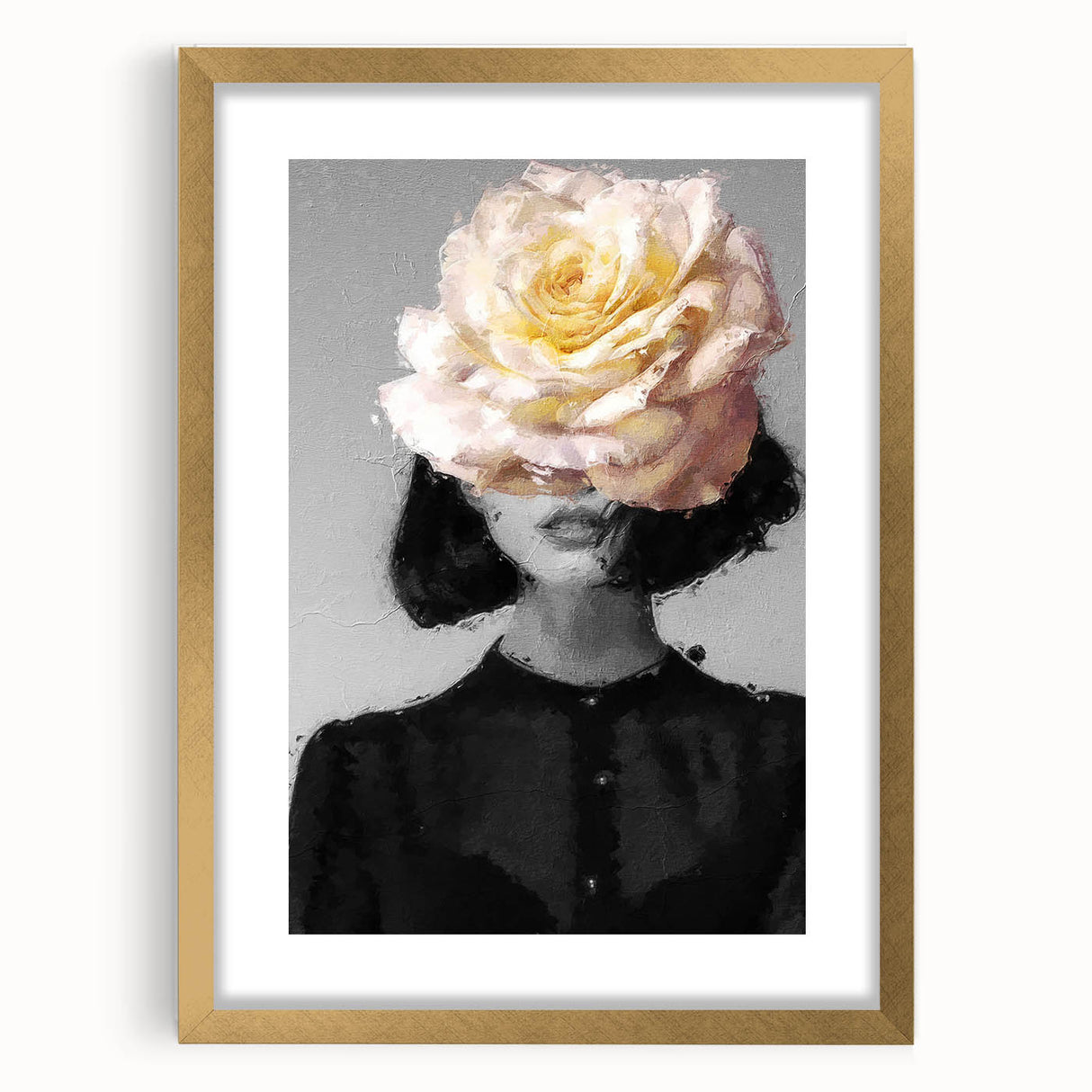 Abstract figurative gold frame showcasing a modern art piece with vibrant colors, perfect for enhancing contemporary home decor and artistic spaces.