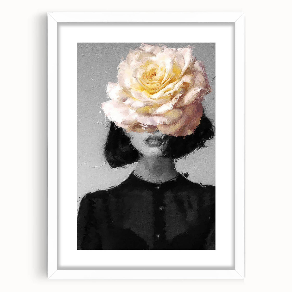 Abstract figurative framed art print with a white mat, showcasing vibrant colors and dynamic shapes, perfect for modern home decor or artistic spaces.