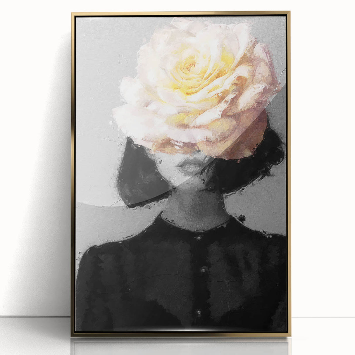 Abstract figurative artwork in a sleek gold frame, showcasing vibrant colors and dynamic shapes, perfect for modern home decor or gallery display.