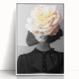 Framed acrylic artwork showcasing an abstract figurative design with soft white tones and intricate details, ideal for modern home decor or art enthusiasts.