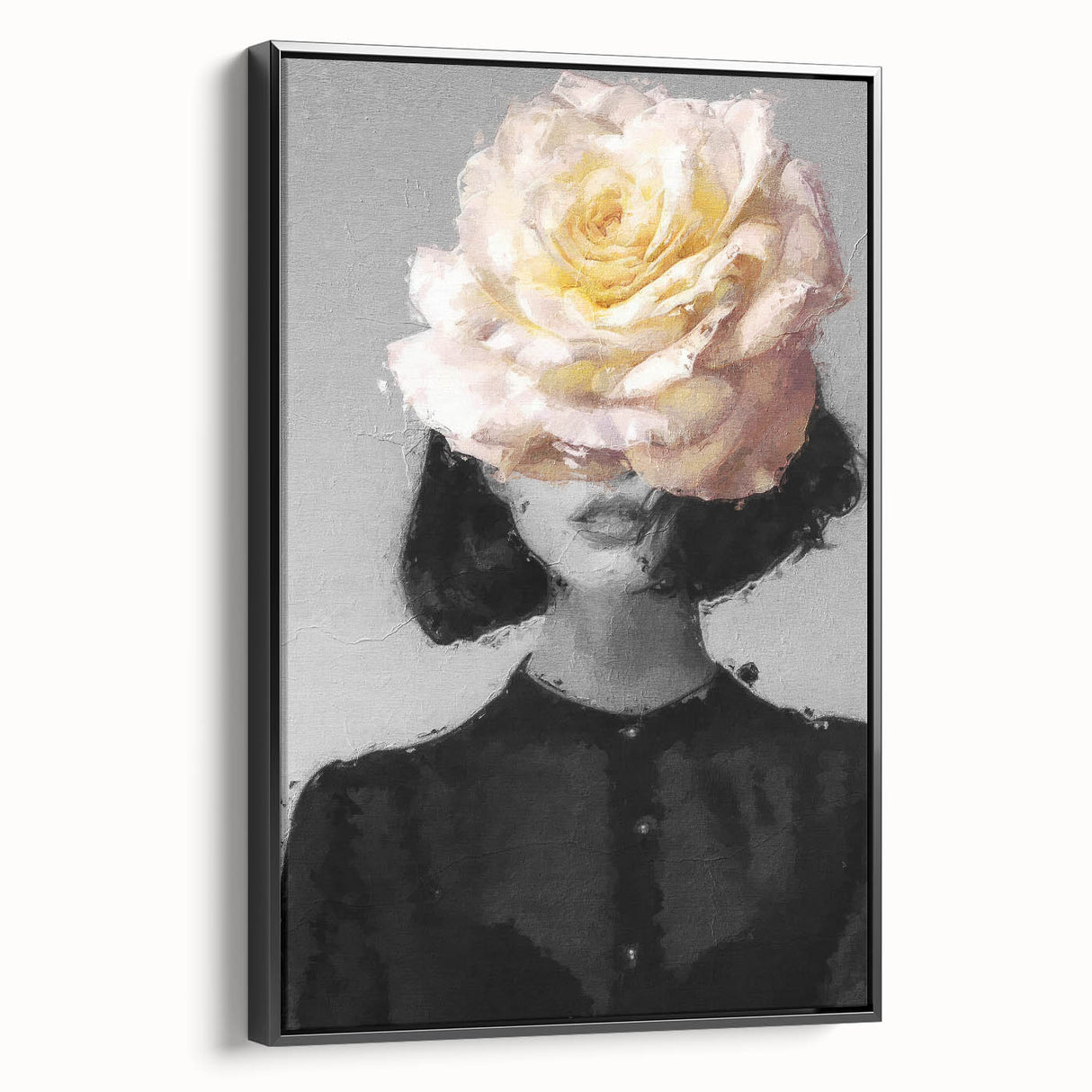 Framed abstract figurative canvas artwork showcasing a monochrome design with bold black lines and shapes, displayed in a sleek frame, ideal for modern home decor.