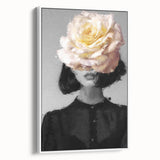 Abstract figurative framed canvas artwork showcasing a modern design in shades of white and gray, perfect for contemporary home decor. Ideal for living rooms or galleries.