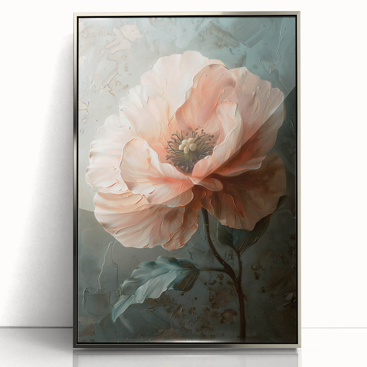 Framed abstract floral wall art featuring vibrant colors and intricate designs on an acrylic surface, set in a sleek silver frame for modern decor.