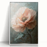 Framed abstract floral wall art in a white acrylic frame, showcasing vibrant colors and intricate designs, perfect for modern home decor or office spaces.