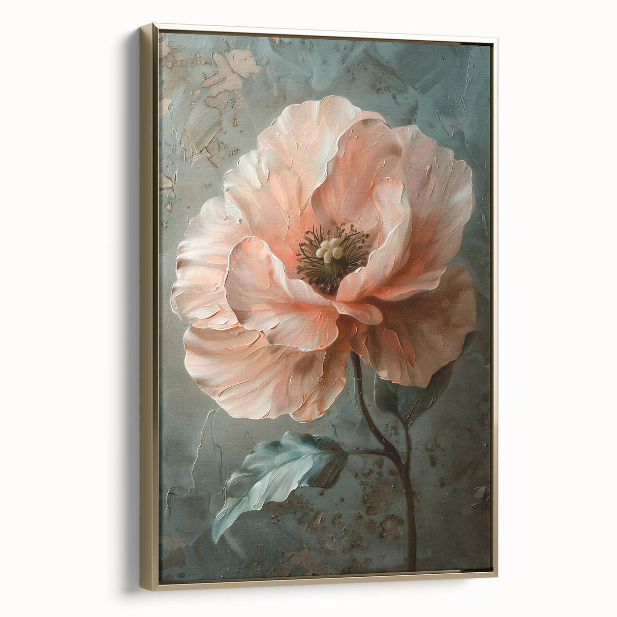 Framed canvas wall art showcasing an abstract floral design in vibrant colors with gold accents, elegantly displayed from a side view, ideal for modern home decor.