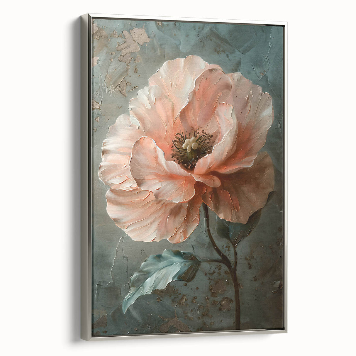 Framed abstract floral wall art in silver frame, showcasing vibrant colors and intricate designs, perfect for modern home decor accents.