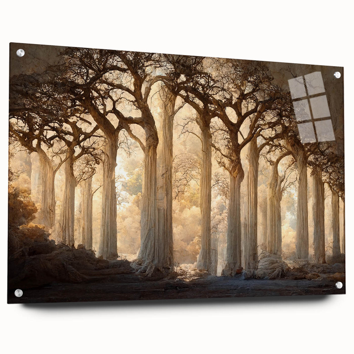 Abstract landscape wall art displayed in a side view, showcasing vibrant colors and textures on acrylic glass, elegantly pinned for a modern artistic touch.