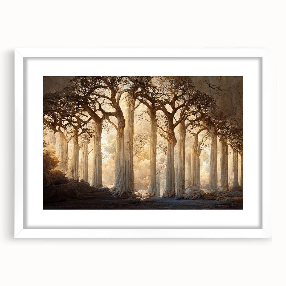 Abstract landscape wall art framed with a white mat, showcasing vibrant colors and intricate patterns, perfect for modern home décor and enhancing interior aesthetics.