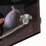 Large abstract wall art featuring assorted fruits in vibrant colors on acrylic glass, suitable for dining room decor.