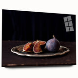 Large abstract wall art of assorted fruits in vibrant colors on acrylic glass, ideal for bedroom or dining room decor.