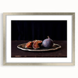 Abstract textured art of assorted fruits in muted colors, framed with a silver mat, ideal for kitchen wall decor.