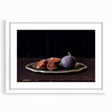 Abstract art print featuring assorted fruits in vibrant colors on a white framed mat, suitable for dining room decor.