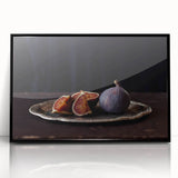 Large abstract wall art featuring assorted fruits in bold colors on a black acrylic framed print.