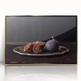 Mid-century modernist acrylic print of assorted fruits in vibrant colors, framed in gold, suitable for nursery wall art.