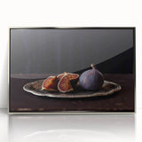 Mid-century modernist art featuring an array of fruits in muted colors on a silver-framed acrylic.