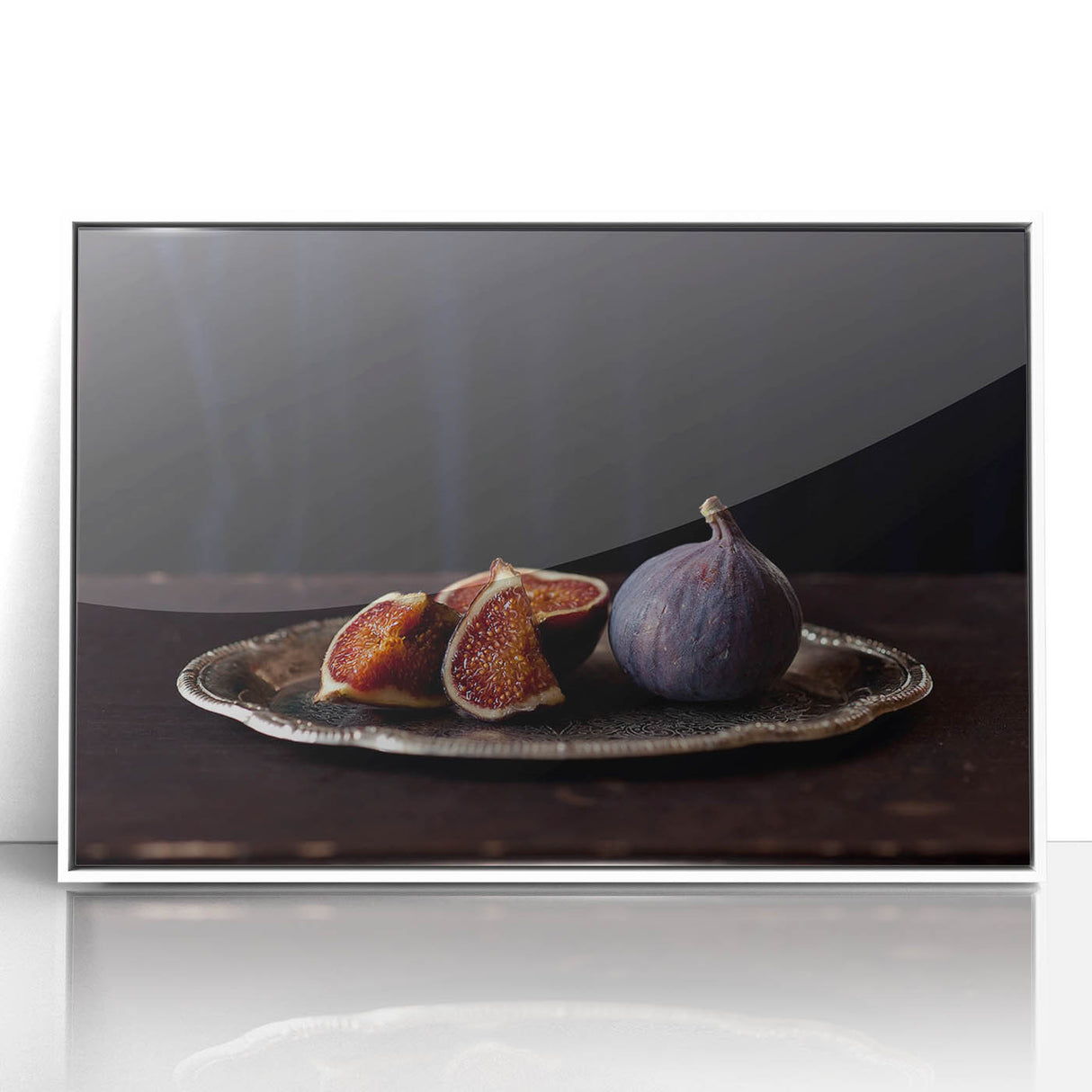 Acrylic print of colorful fruits in art deco style, framed in white, suitable for modern nursery decor.