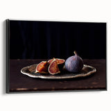 Black and white framed canvas featuring a vintage poster art style landscape with assorted fruits.