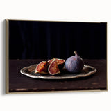 Framed canvas featuring a vintage poster art of assorted fruits in muted gold and black tones, ideal for bedroom wall art.