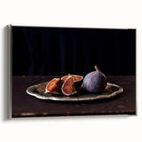 Framed canvas featuring a vintage poster of colorful fruits arranged in a landscape format on a black background.