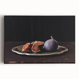 Black and white large art print of assorted fruits on stretched canvas, suitable for kitchen wall art.