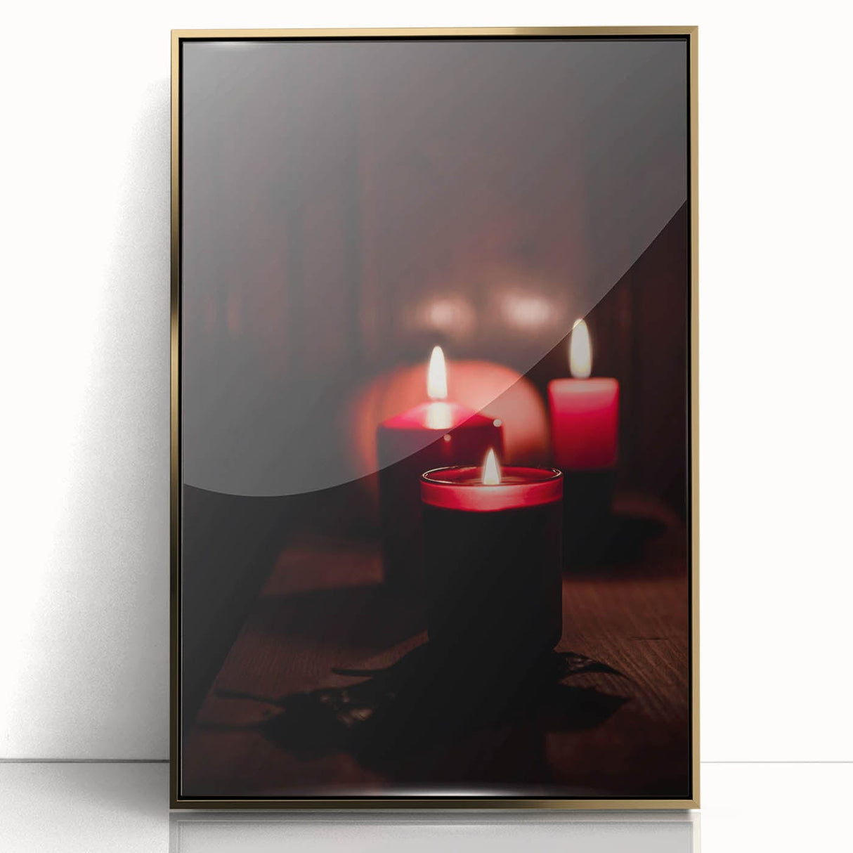 Large framed acrylic print of a mid-century modernist autumn scene in gold and orange tones.