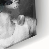 Close-up of an abstract figurative acrylic artwork featuring vibrant colors and dynamic shapes, showcasing intricate details on a glass surface, perfect for modern decor.