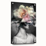 Abstract figurative acrylic artwork showcasing vibrant colors and dynamic shapes, viewed from the side with decorative pins, perfect for modern home decor.