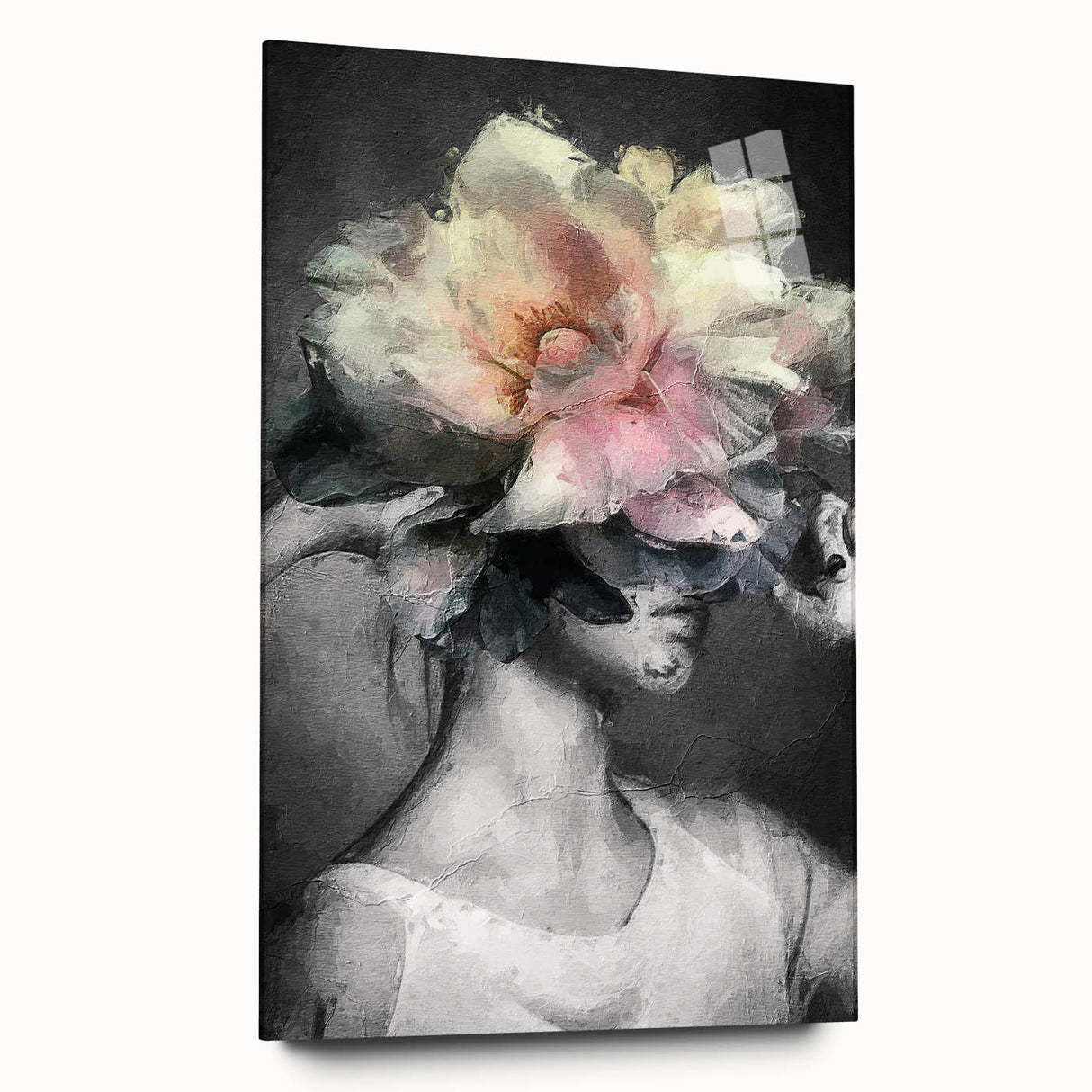 Abstract figurative acrylic artwork displayed in a glass frame, showcasing vibrant colors and dynamic shapes, enhancing modern decor aesthetics. Perfect for contemporary art enthusiasts.